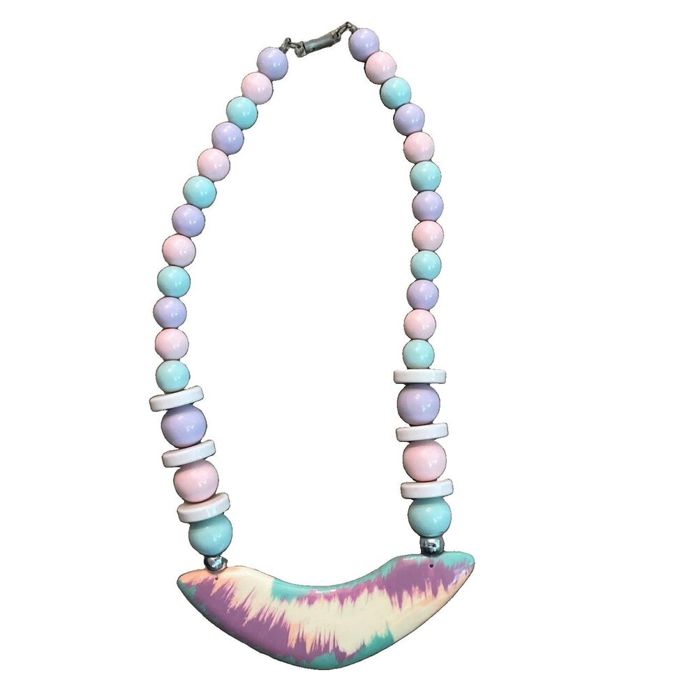 Vintage 1980s Chunky Pastel Rainbow Wood Saucer & Round Bead Necklace Pride